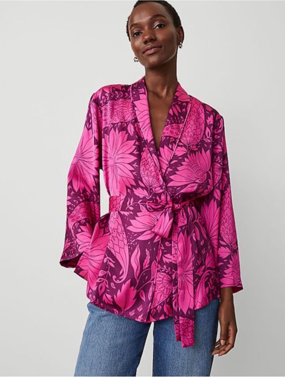 Ann Taylor New Satin Floral Tie Wrap Blouse